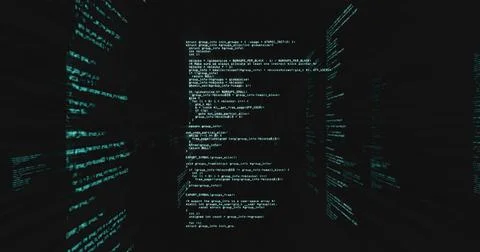 Floating vertical code panel streaming through dark void, with text lines and Stock Photos