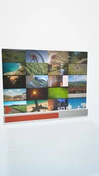 Floating video gallery with multiple thumbnails and playback bar, representing Stock Illustration