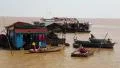 Floating village of Vietnamese refugees on Tonle Sap lake in Siem Reap, Cambodia HD Footage