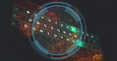Floating virtual keyboard tilting in dark void, with HUD overlay, green keys, Stock Illustration