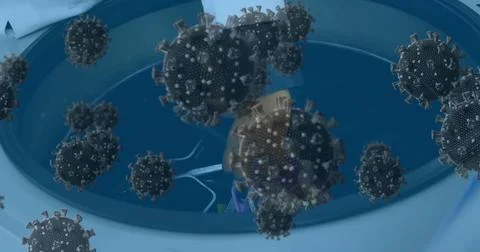 Floating virus particles under microscope in laboratory setting for research Illustrazione stock