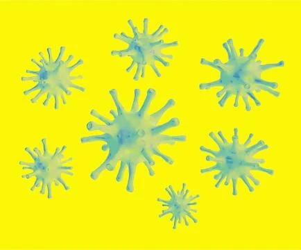 Floating viruses on yellow background, 3d illustration Illustrazione stock