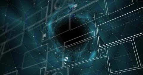 Floating void forming mesh network tunnel in virtual space, showing wireframe Stock Illustration
