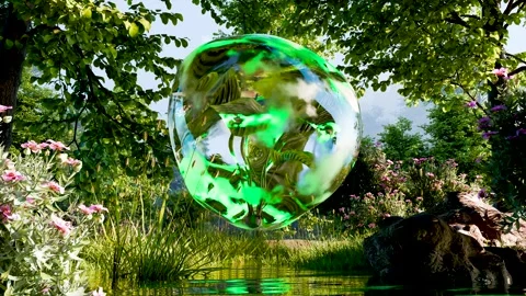 Floating water bubble in forest with glowing chlorophyll, nature and biology Stock Footage 306367141