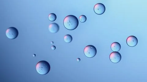 Floating water or gel bubbles isolated on light blue background. Minimalist 3D Stock Illustration