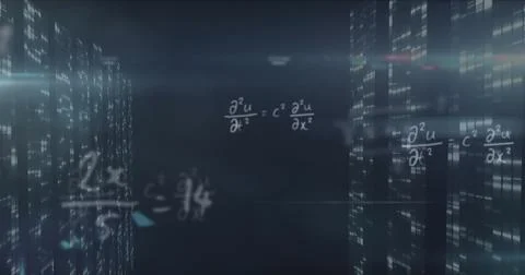 Floating wave equation hovering in data center, with fraction formula and lit Stock Photos