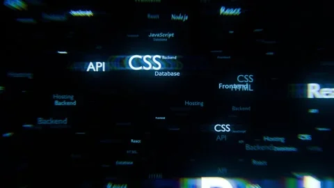 Floating web development keywords including HTML, CSS, JavaScript, and Backend Stock Footage 311856478