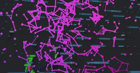 Floating weblike magenta nodes linking lines in digital screen, with blue light Foto stock