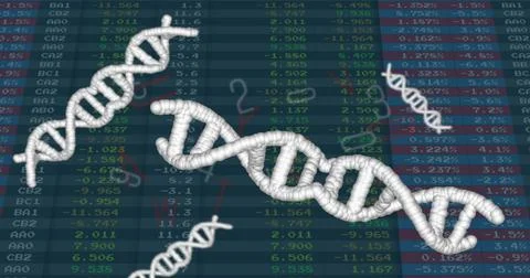Floating white 3D DNA helix models over financial data grid, with ticker Stock Illustration