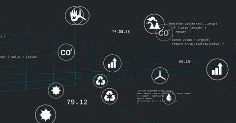 Floating white bar chart icon gliding through teal grid environment with 스톡 사진