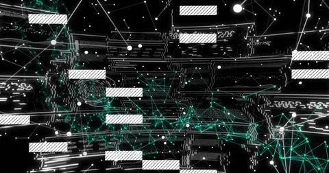 Floating white bars and teal network nodes forming web in virtual data space, Stock Illustration
