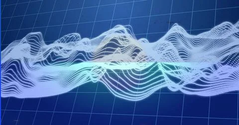 Floating white-blue dotted waveform twisting over 3D dark blue grid plane, Stock Illustration