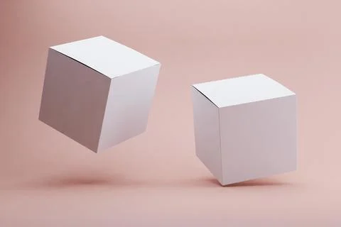 Floating white boxes, pink background, packaging mockup Stock Illustration