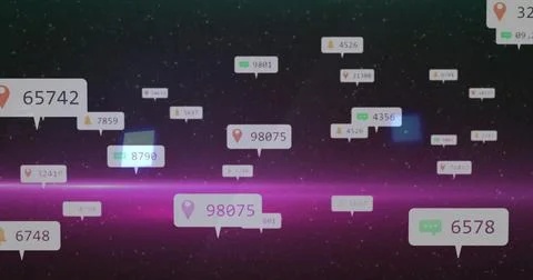Floating white bubble showing 98075 with pin icon over cosmic digital panel with Stock Photos