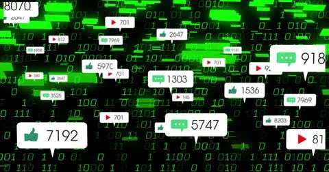 Floating white bubbles showing like, comment, play icon counters across green Illustrazione stock