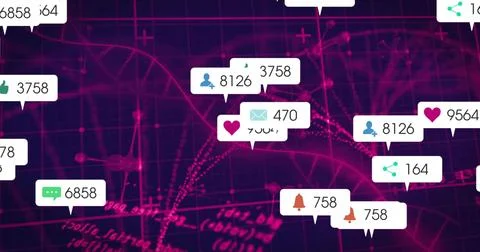 Floating white callouts moving across neon interface, showing heart mail bell Stock Photos