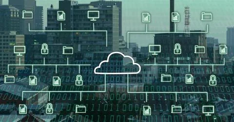 Floating white cloud icon glowing above urban roofs skyline, showing folders, Stock Illustration