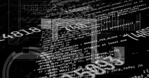 Floating white code blocks with numeric overlays, faint rectangles, bar charts, Stock Illustration