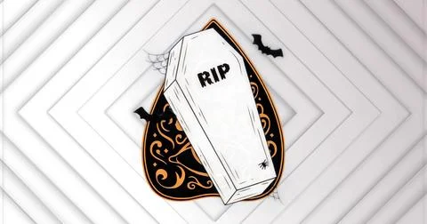 Floating white coffin bearing RIP inscription on black orange backdrop with b Stock Illustration