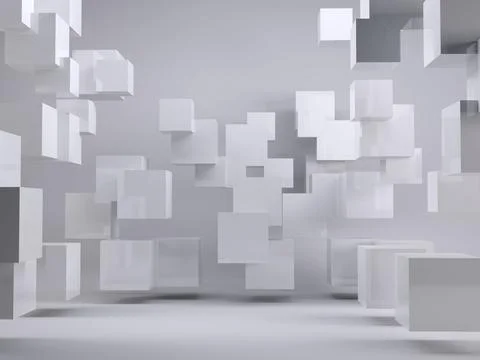 Floating white cubes are drifting within seamless grey space in minimalist 3D Stock Photos