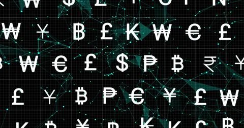 Floating white currency symbols array filling black grid canvas, forming teal イラスト素材