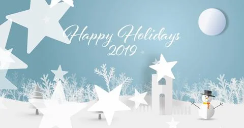 Floating white cursive greeting text Happy Holidays 2019 over snowy hills, with Stock Photos