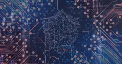 Floating white data polygon pulsing on virtual control panel, with glowing orbs Stock Photos