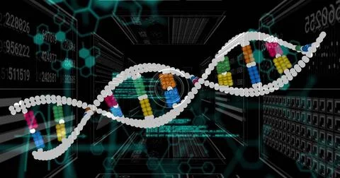 Floating white DNA helix drifting through dark server racks, with hexagon grid Stock Illustration