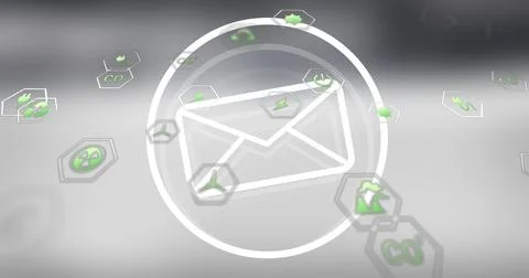 Floating white envelope icon in circular frame hovering over 3D interface, with Stock Photos