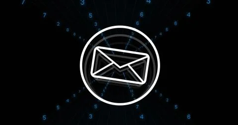 Floating white envelope icon within white circular border on dark grid with blue 写真素材