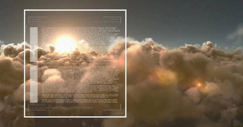 Floating white frame showing alphanumeric data and graph above clouds at dawn Stock Photos