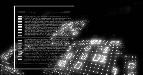 Floating white-framed digital panel displaying code blocks in dark void, with Stock Illustration