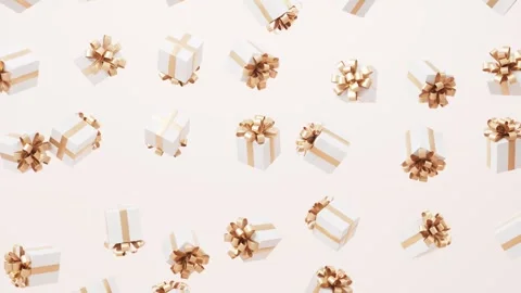 Floating white gift boxes with gold ribbons falling through air on light pi.. Stock-Footage 327249511