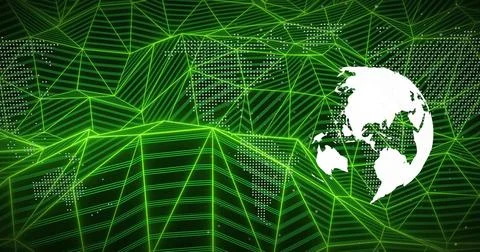 Floating white globe hovering in digital terrain, neon green mesh and white Stock Photos