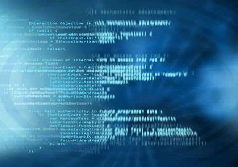 Floating white, light blue code dancing over blue gradient waves with light 스톡 사진