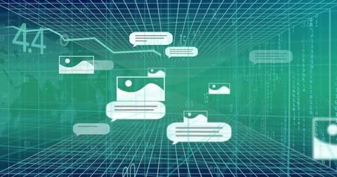 Floating white message icons glowing in virtual data space, showing thumbnails イラスト素材