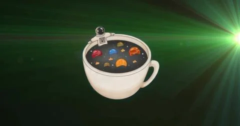 Floating white mug holding black liquid with astronaut, planets, green lens f Stock Illustration