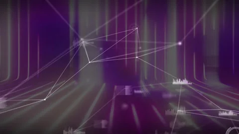 Floating white nodes and lines pulsing over purple gradient background with data Stock Footage 309103205