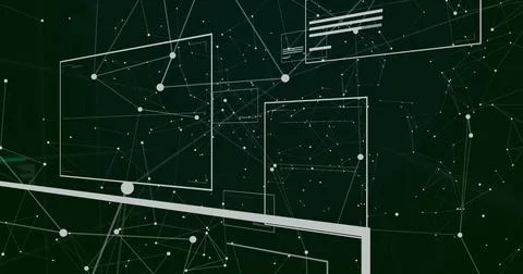 Floating white nodes connecting via thin lines in green cyberspace, with tran Illustrazione stock