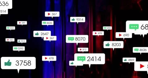 Floating white notification bubbles drifting on dark vertical gradient, showing Stock Photos