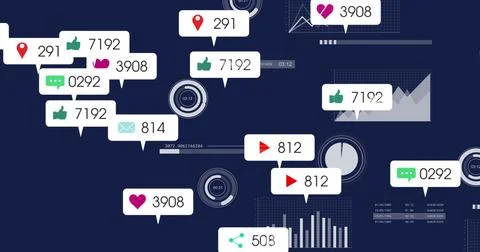 Floating white notification bubbles with icons and counters on dark navy Illustrazione stock