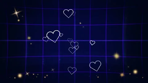 Floating white outline hearts amidst golden sparkles against dark blue retro Stock Footage 346038199