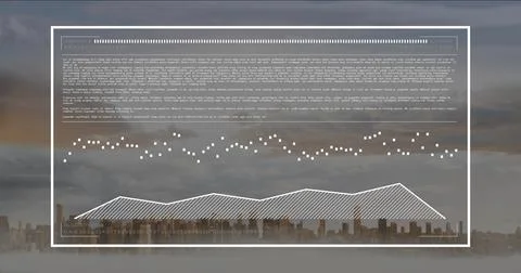 Floating white overlay showing header over foggy city skyline plotting dotted 스톡 사진