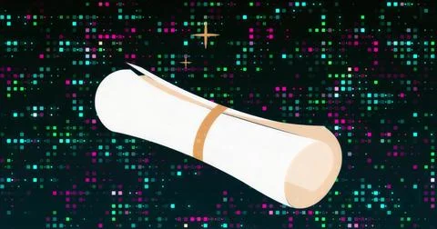 Floating white parchment scroll drifting in abstract digital space, with gold Иллюстрация