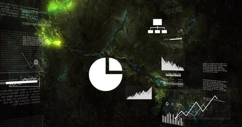 Floating white pie-chart icon dominating virtual map surface, with line graphs, Stock Photos