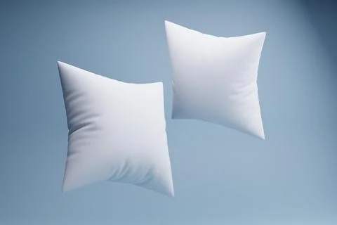 Floating white pillows, studio shot, blue background, mockup Stock Illustration