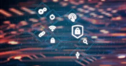 Floating white security icons clustering above tech background, with shield Stock Photos