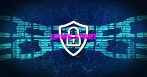 Floating white shield with keyhole icon and GAMESTAR text on blue code Stock Illustration