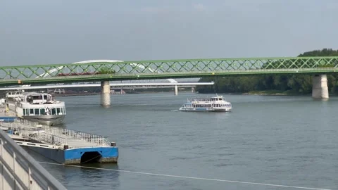 Floating white ship on the river Stock Footage 244739282