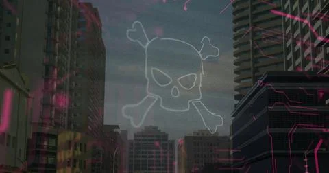 Floating white skull and crossbones over downtown towers and crane, with magenta Stock Photos
